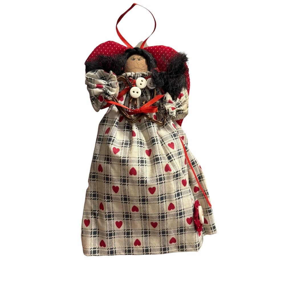 Handmade Primitive Angel Doll Ornament Plaid Heart‎ Dress Rustic Folk Art 8"